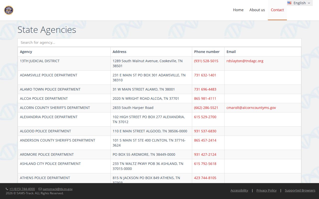 TBI state agency contact directory relevant to Winfield warrant contact verification