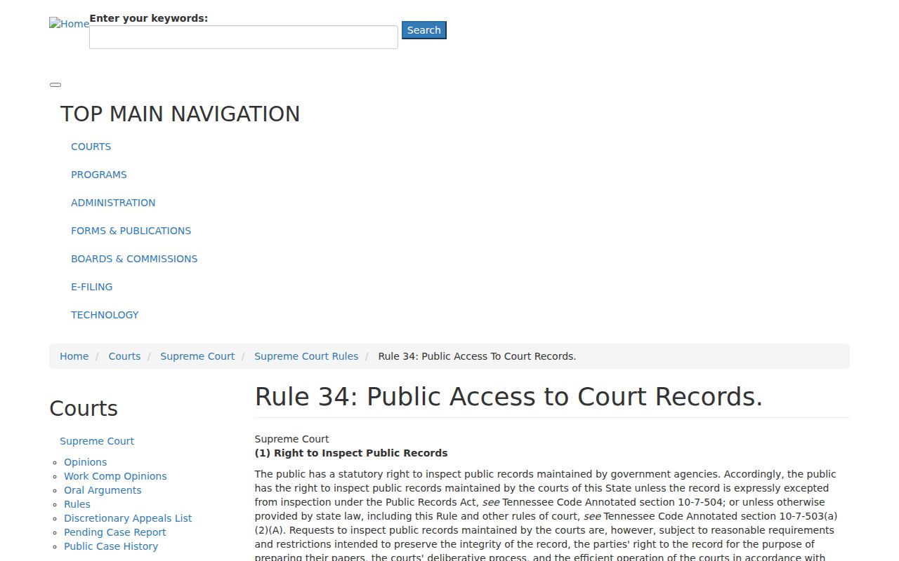 Tennessee Supreme Court Rule 34 public access rules for Scott County court records