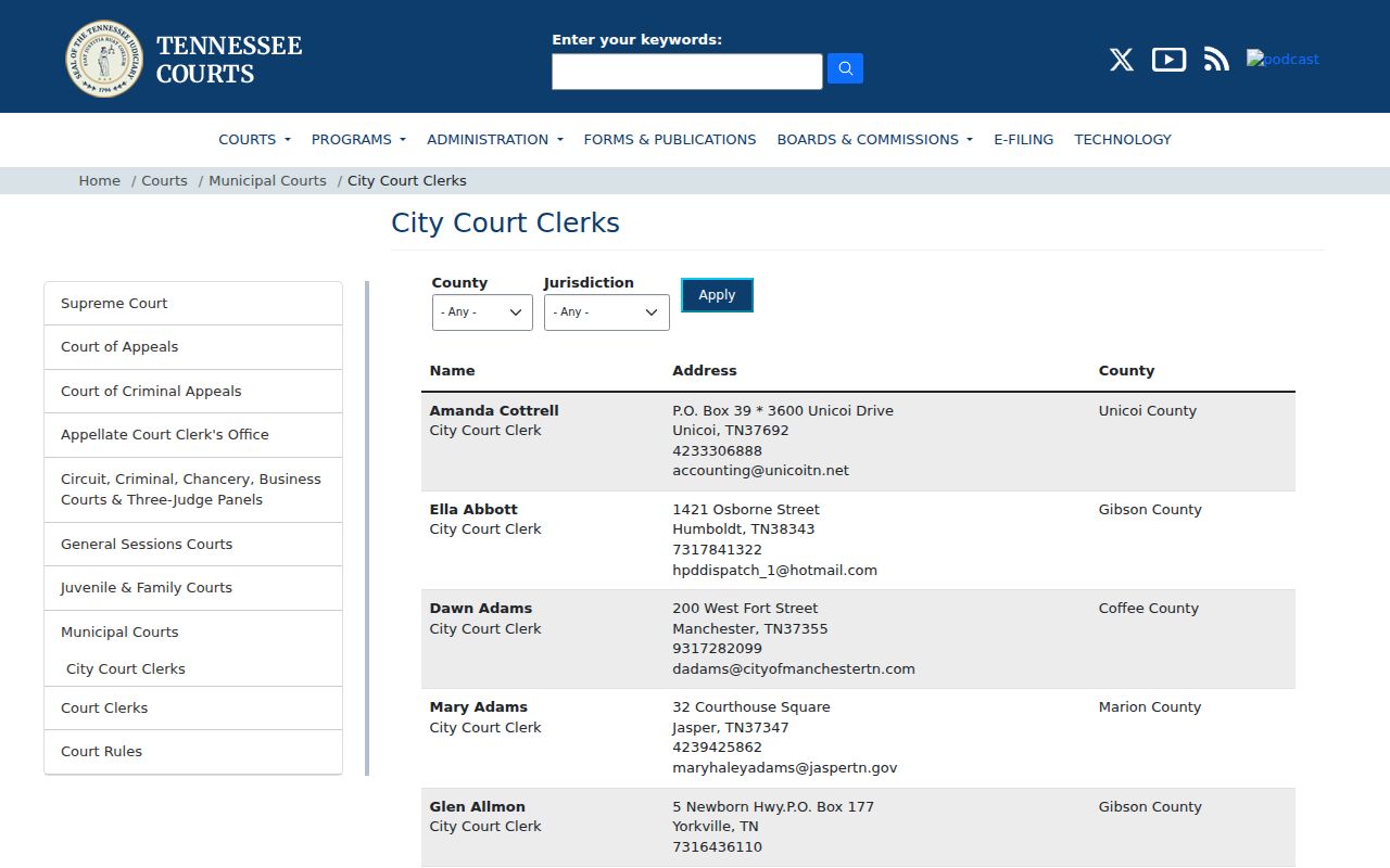Tennessee City Court Clerks directory interface for Oneida warrant record contacts