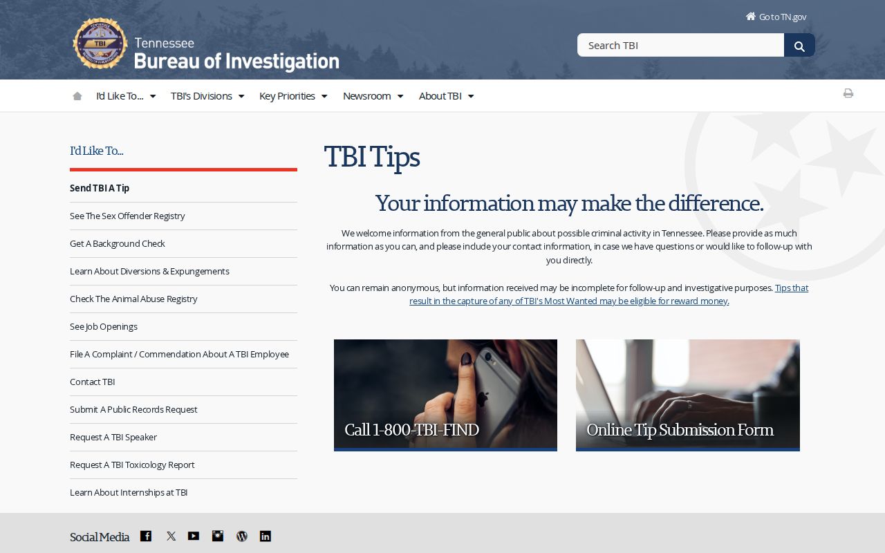 Official TBI tip page for Scott County most wanted program information