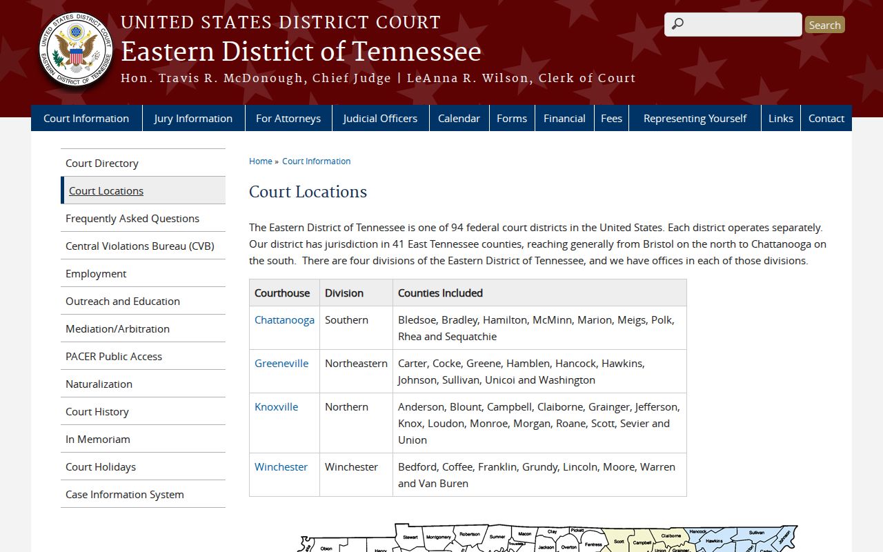 Eastern District of Tennessee court locations for checking a federal Scott County case route