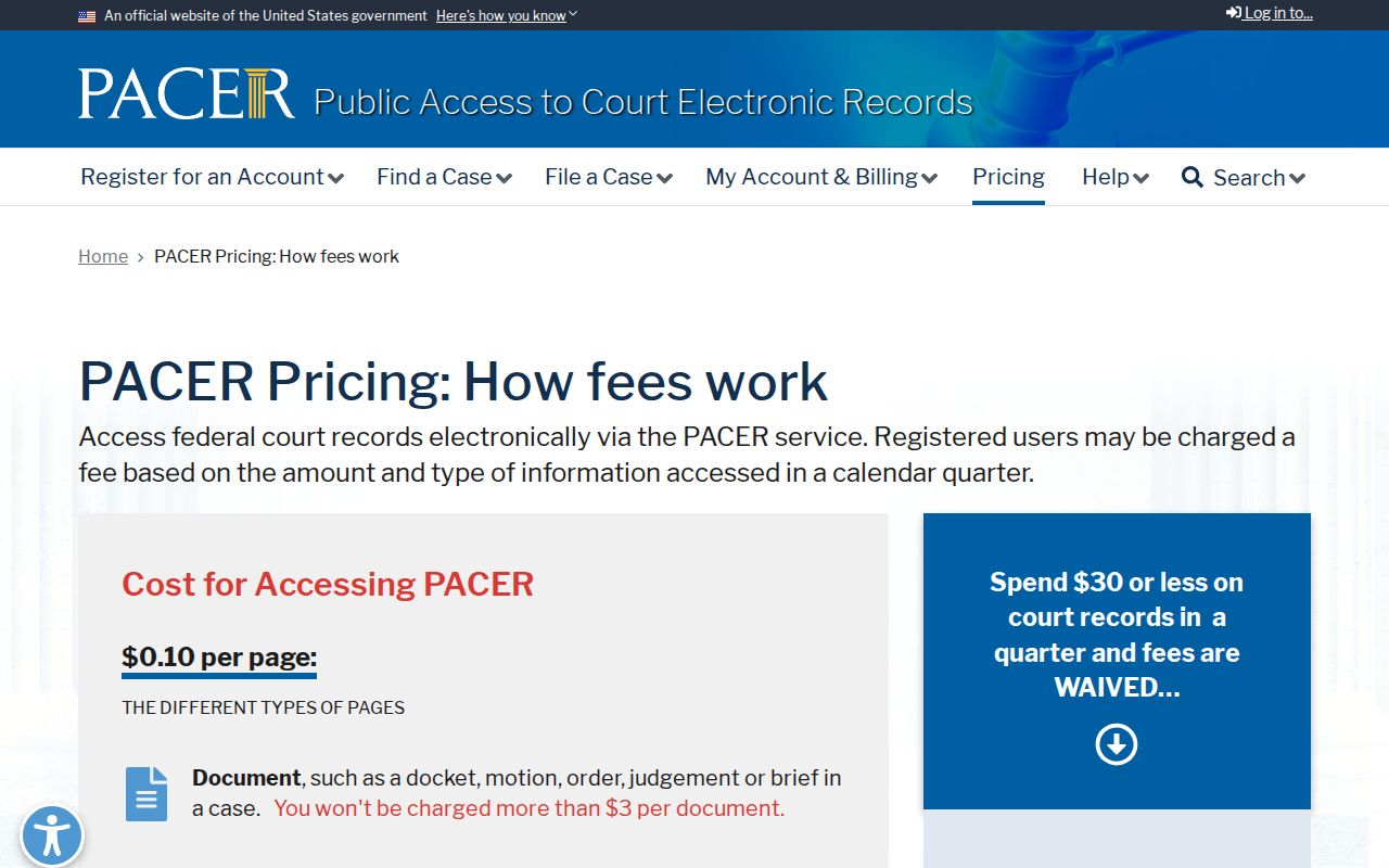 PACER federal court docket pricing page for separate federal warrant records